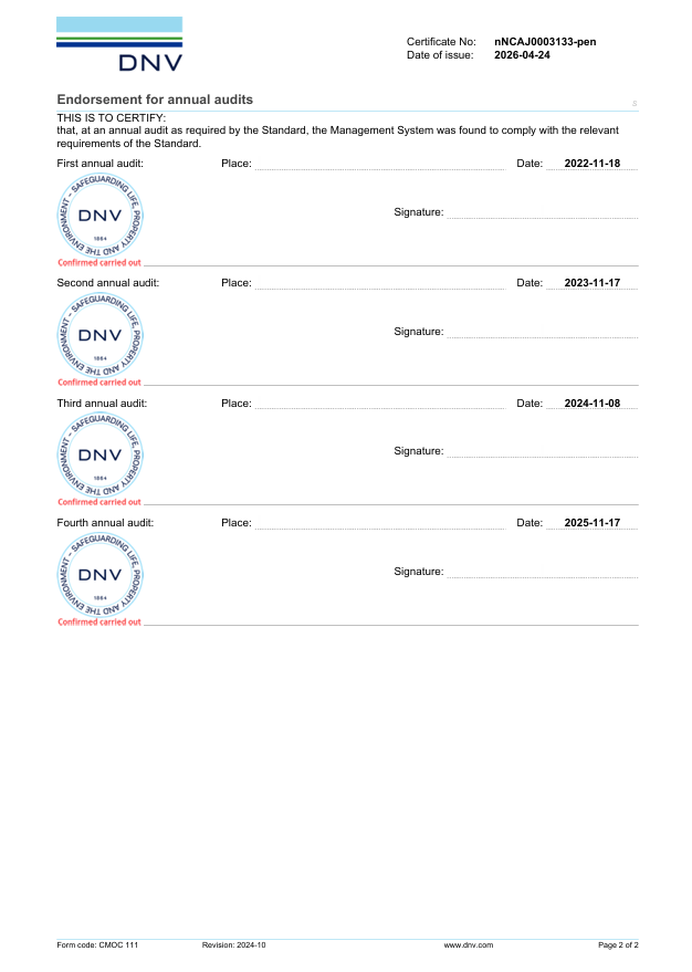DNV Certificate — Endorsement